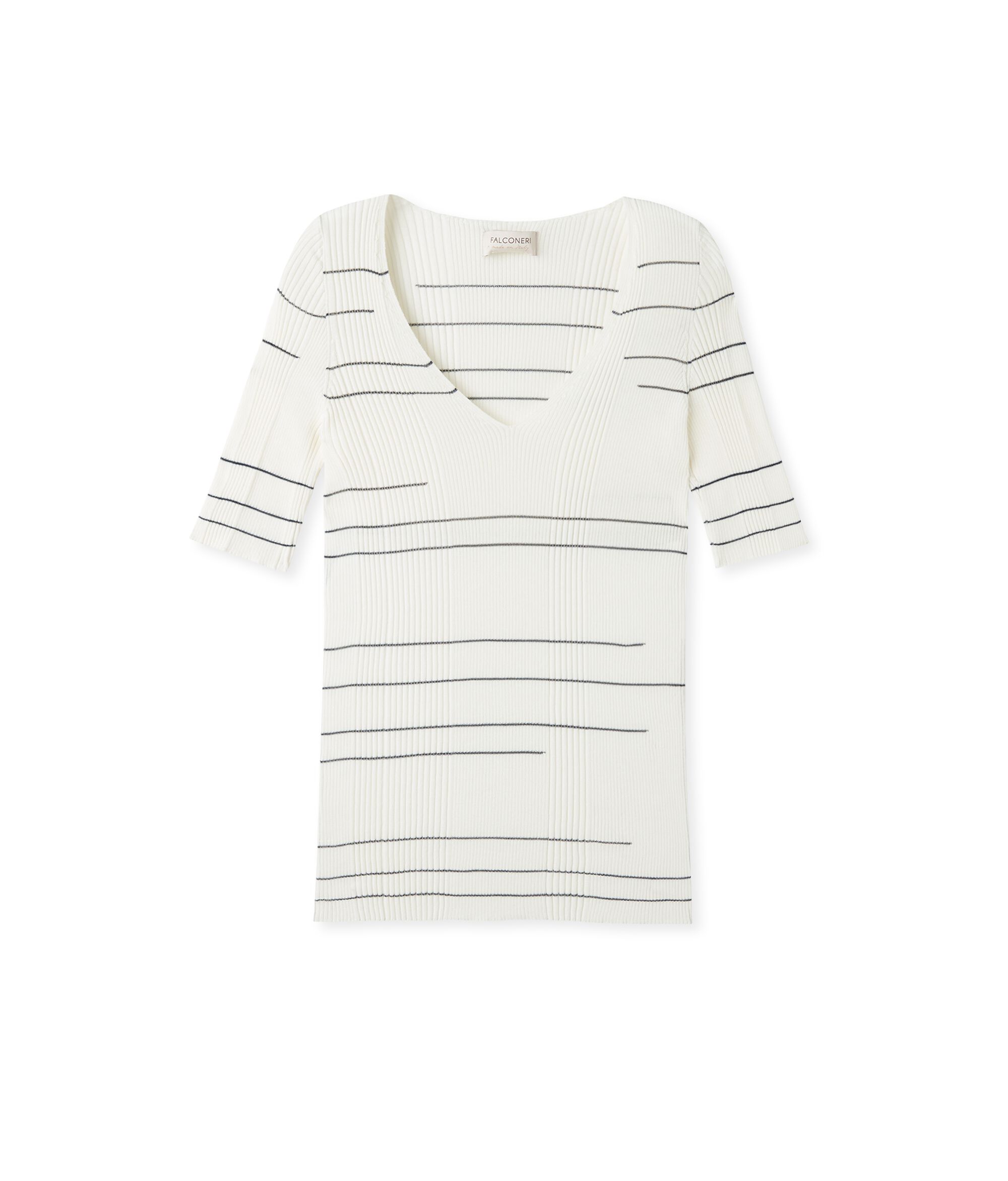 V-neck T-shirt in Ribbed Striped Cotton