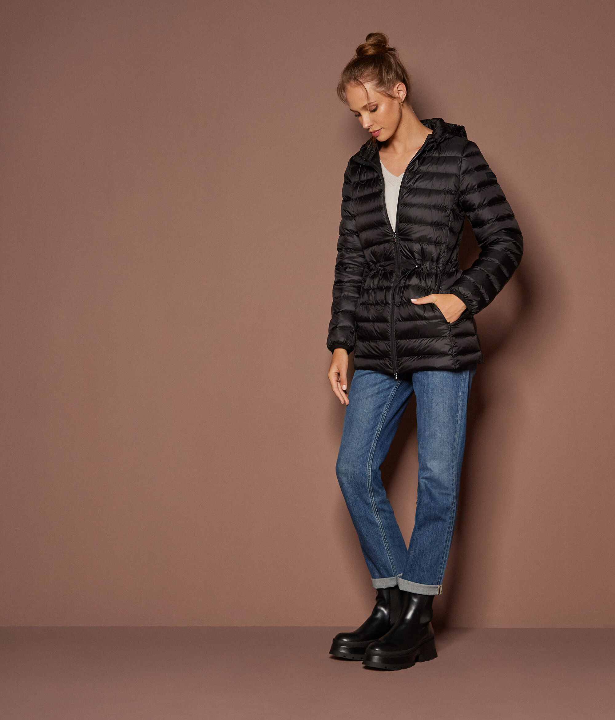 Down Jacket with Hood and Drawstring