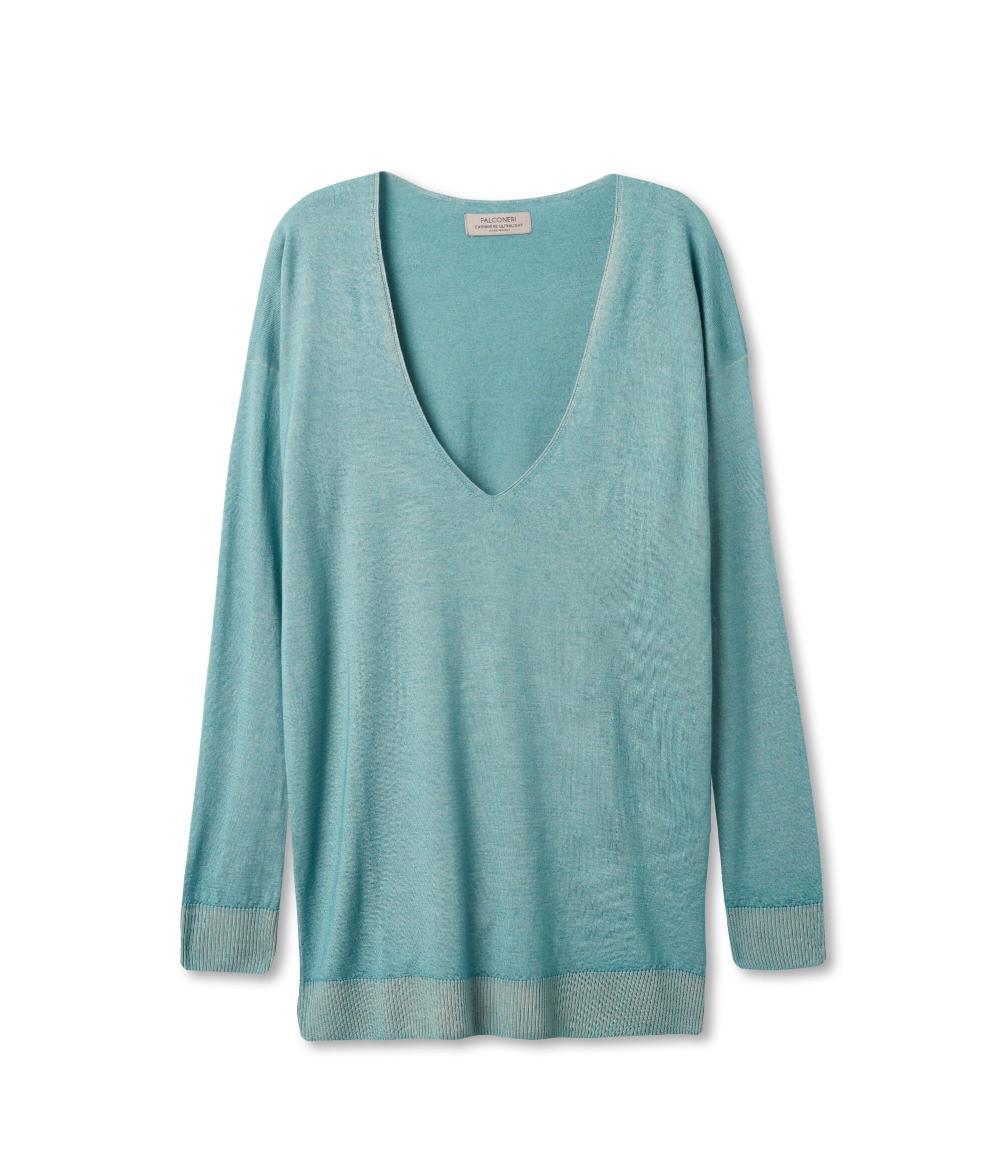Pull large à col V en Cachemire ultra-fin Colore Lagon