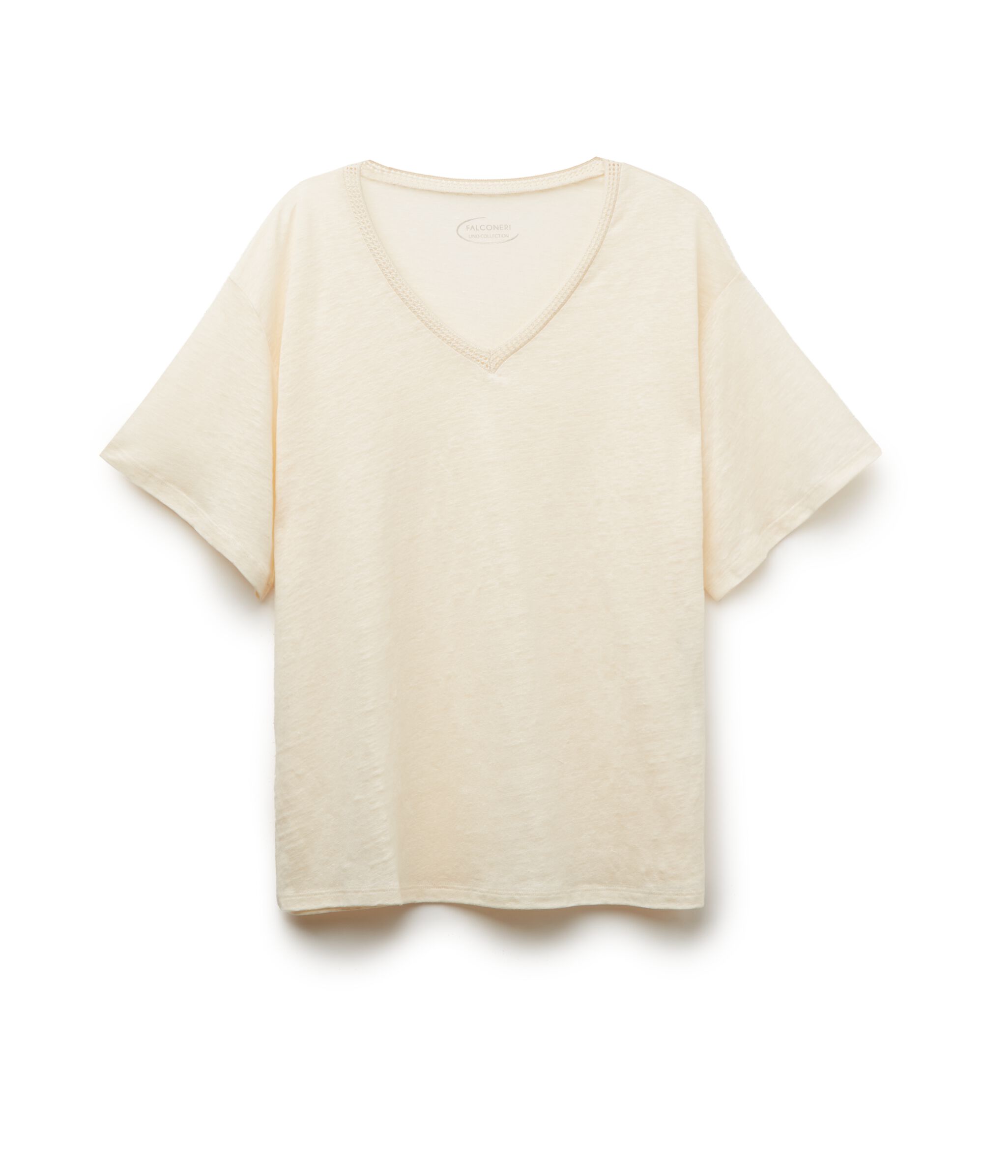 T Shirt con Scollo a V in Lino con Bordi in Retina
