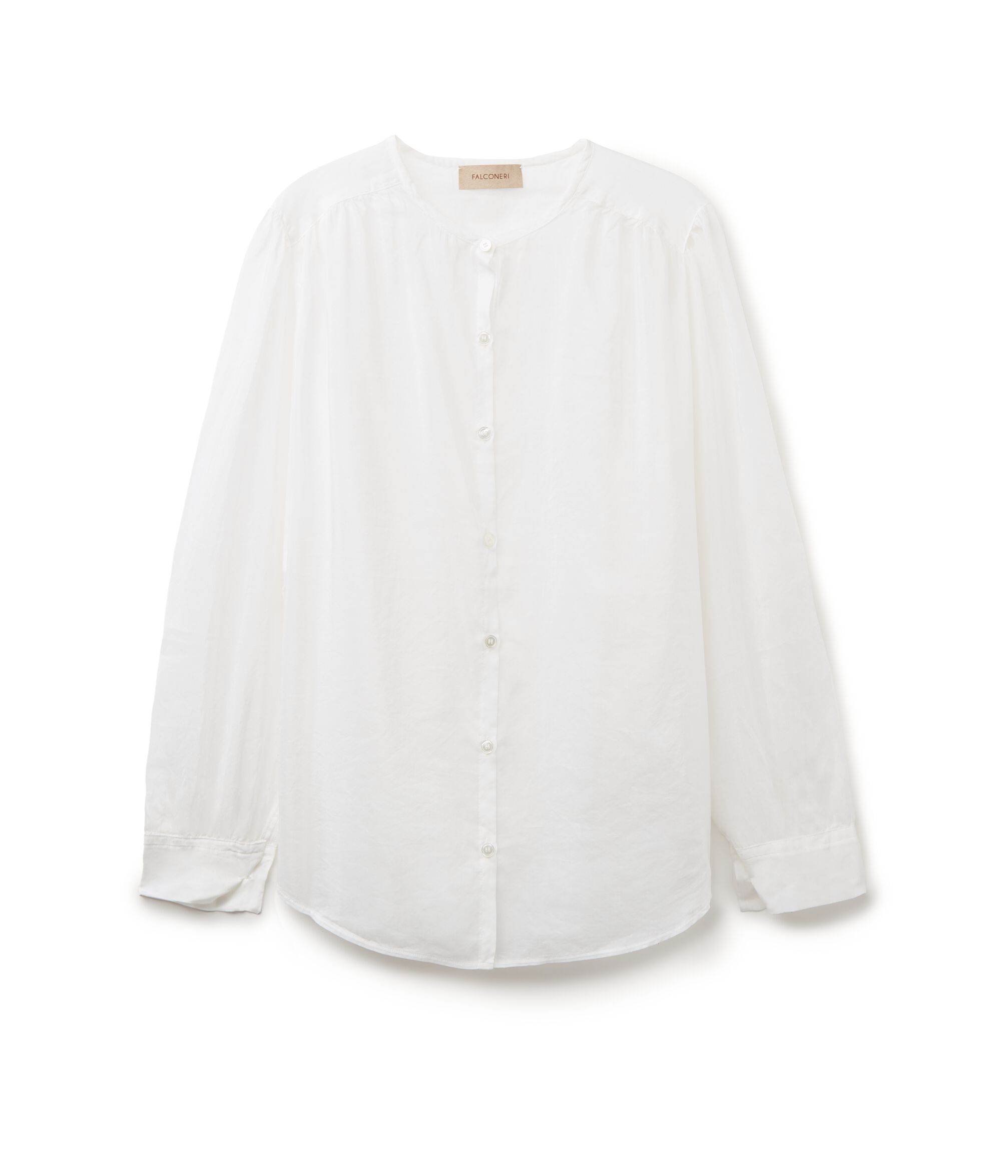 Camicia con Collo alla Coreana a Maniche Lunghe in Mussola