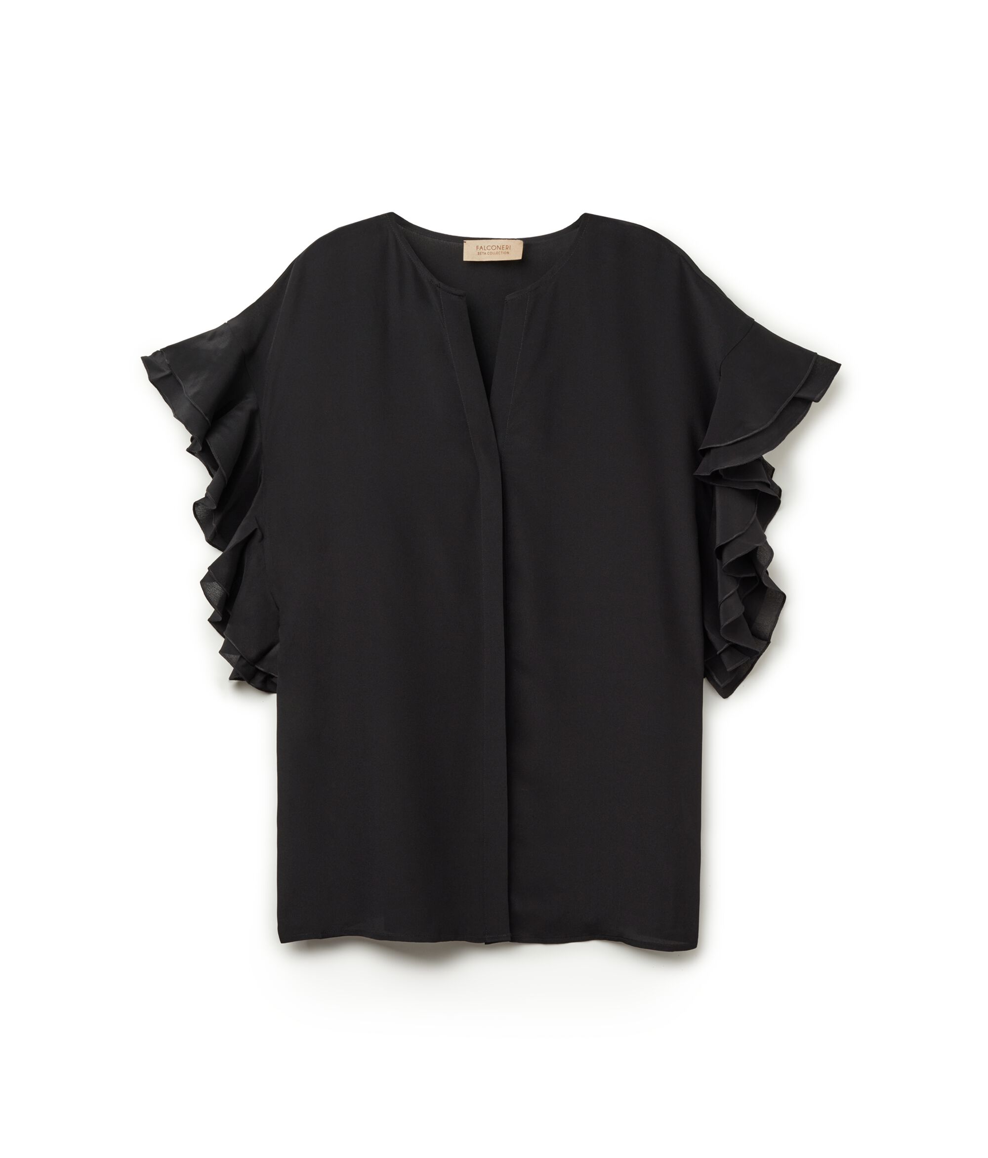Camicia Scollo a V Maniche Corte In Seta Con Rouches