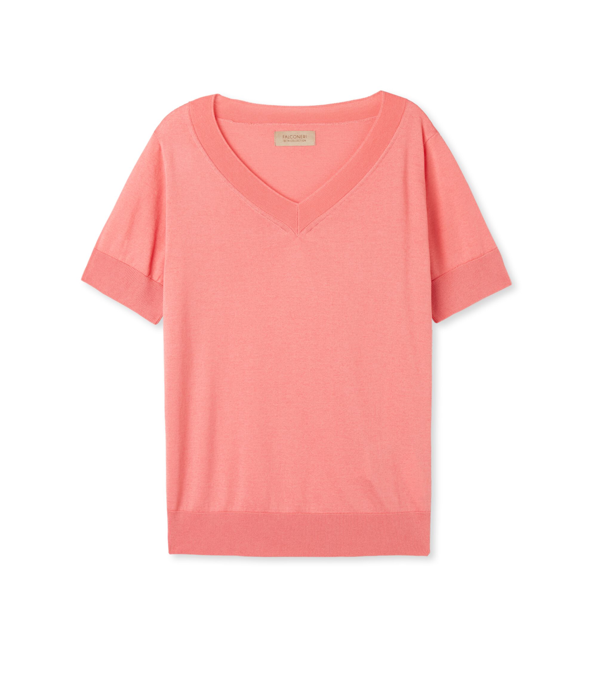 Maglia con Scollo a V a Maniche Corte in Seta Cotone