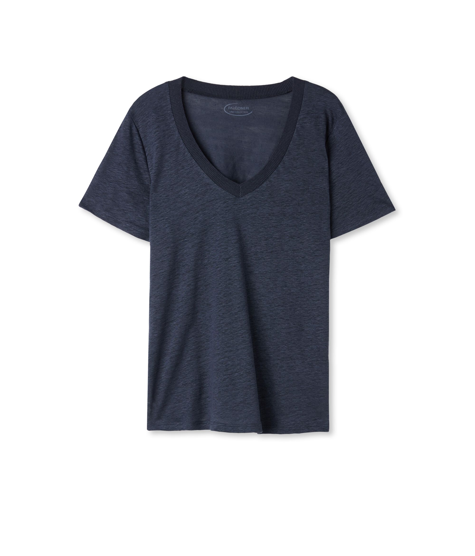 T-shirt in Lino Scollo a V con Bordo in Maglia