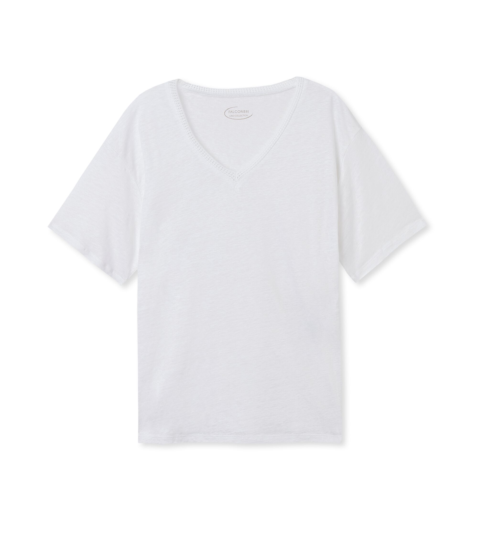 T Shirt con Scollo a V in Lino con Bordi in Retina