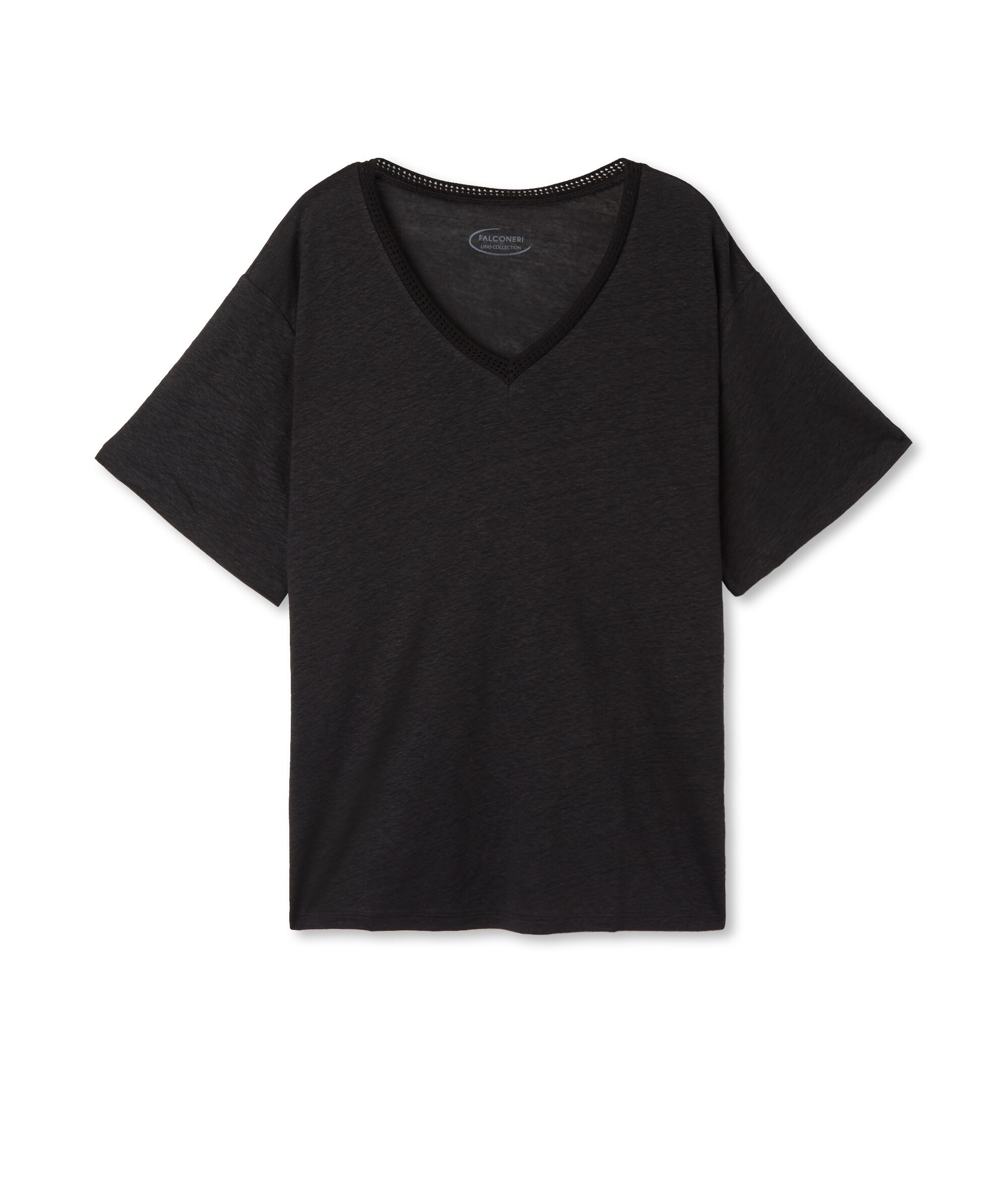 T Shirt con Scollo a V in Lino con Bordi in Retina