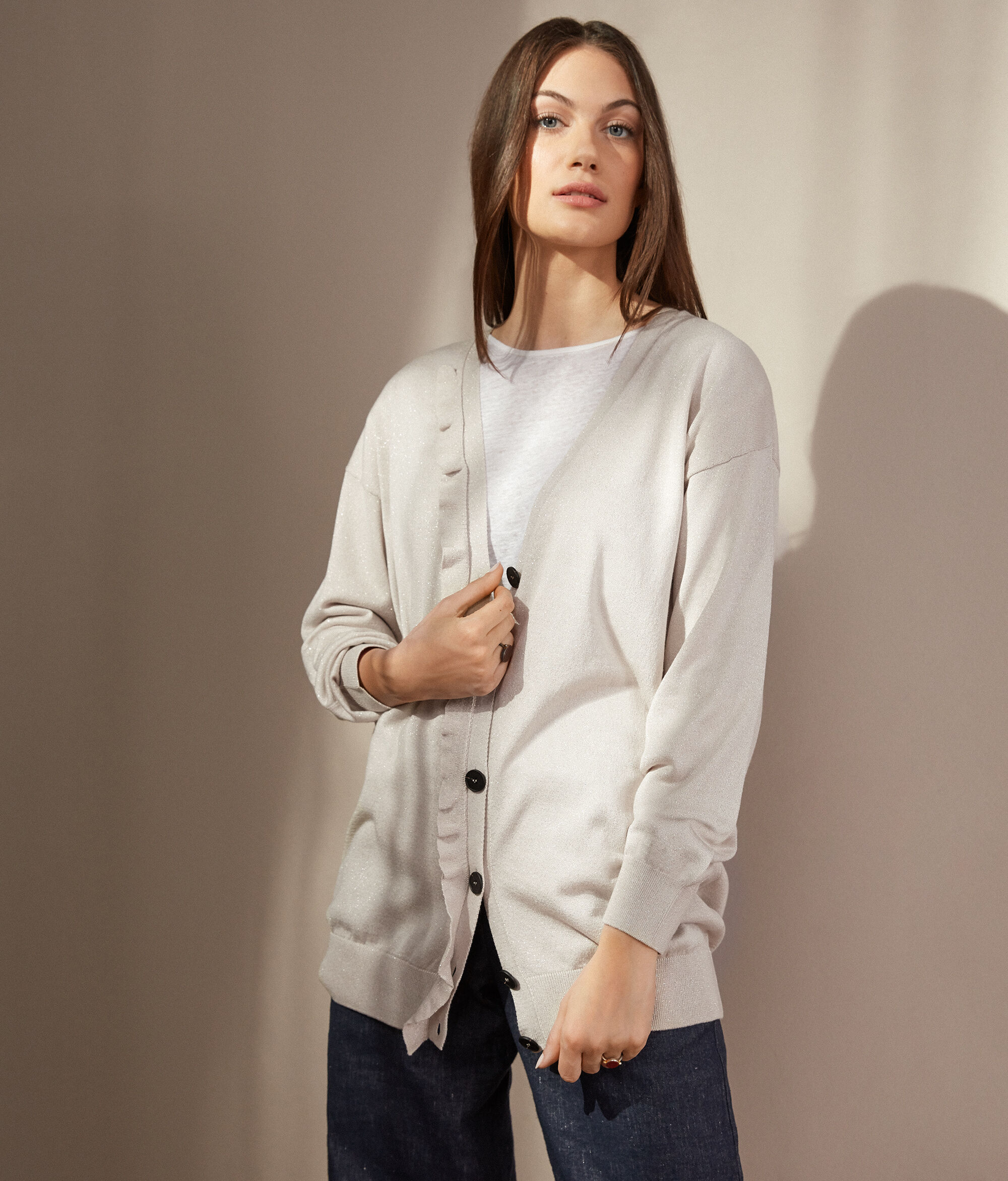 Kardigan z bawełny i jedwabiu z falbanką