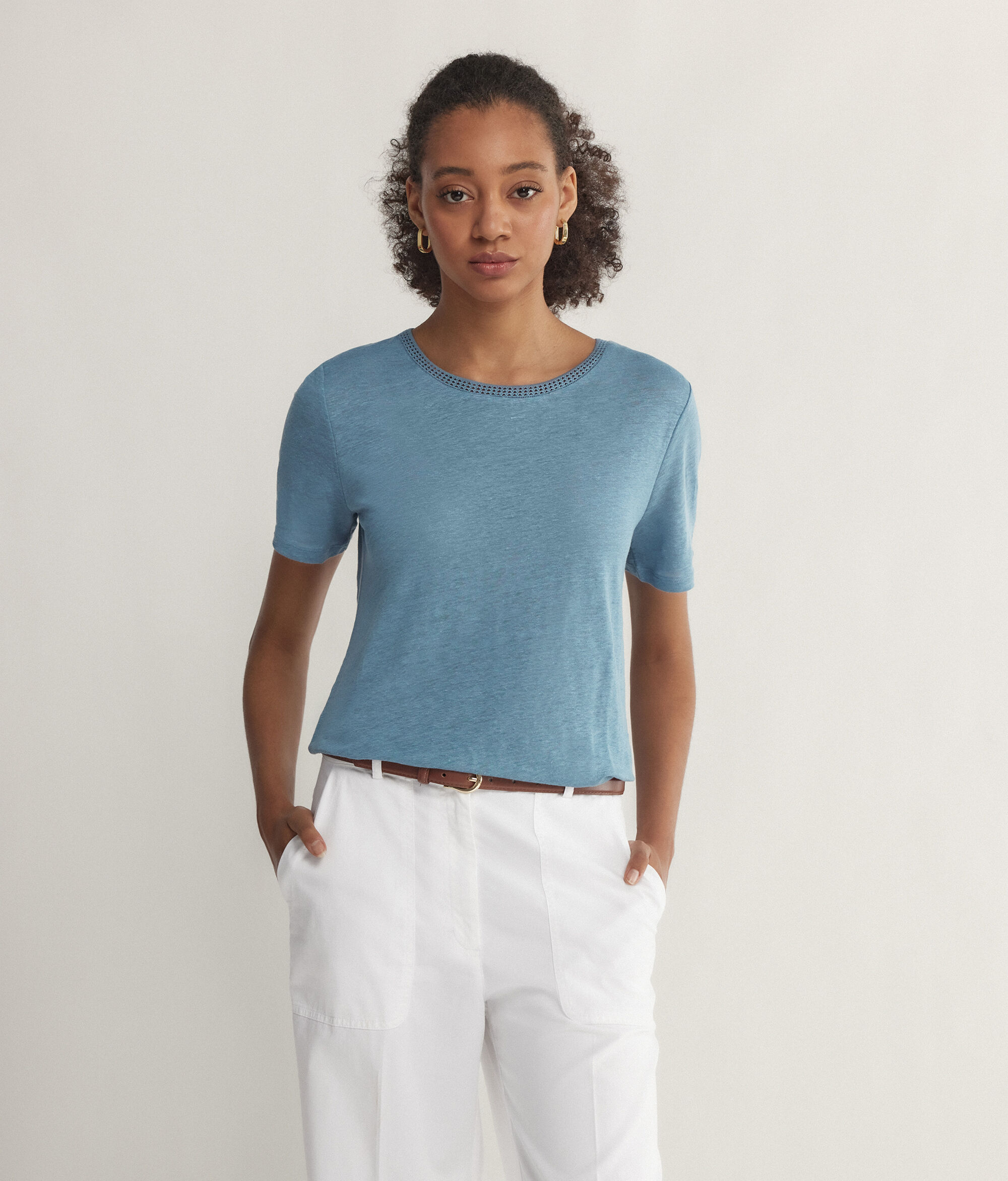 T-Shirt  Girocollo con Bordi Retina in Lino