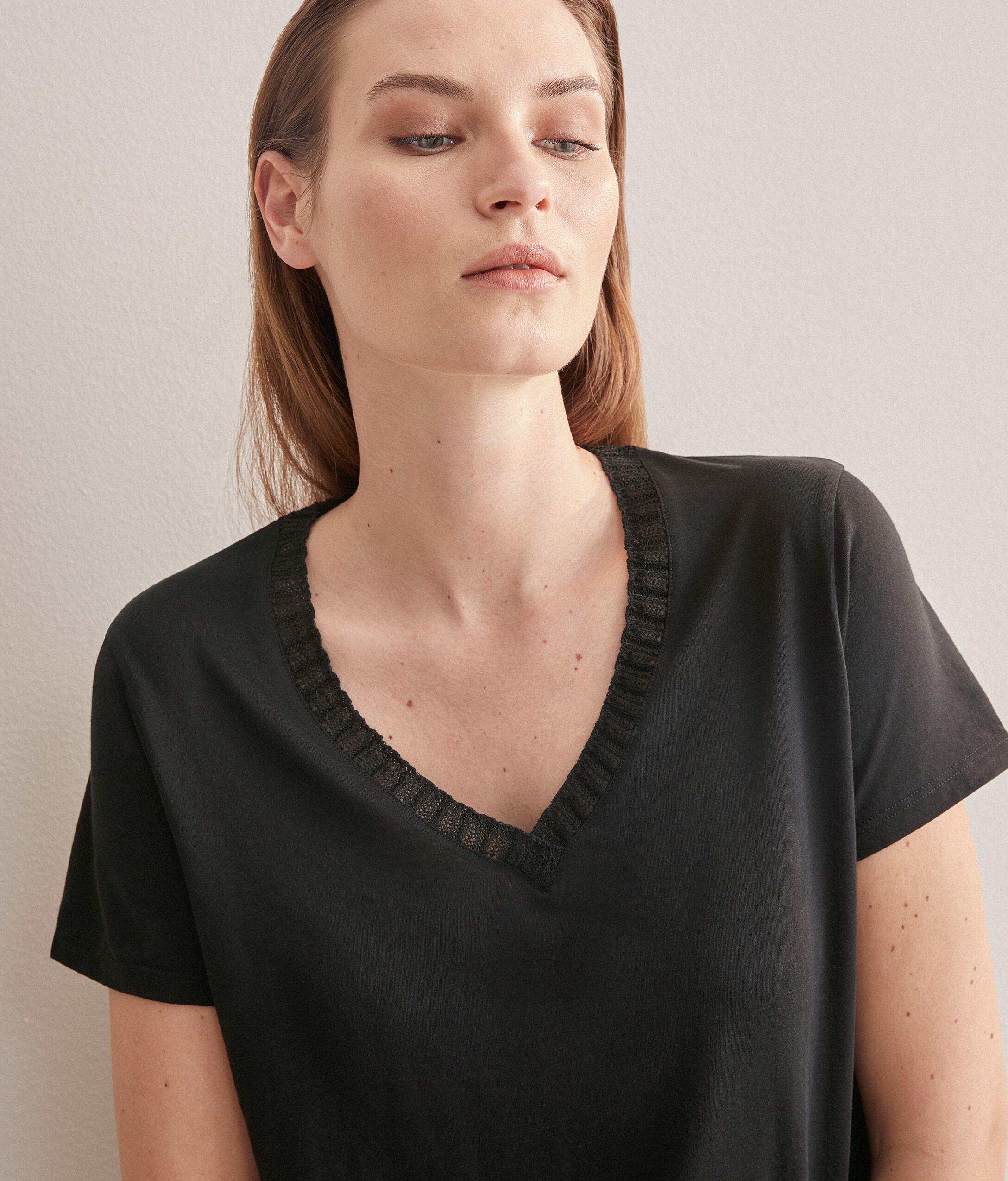 Silk and Cotton T-Shirt with Crochet V-Neck