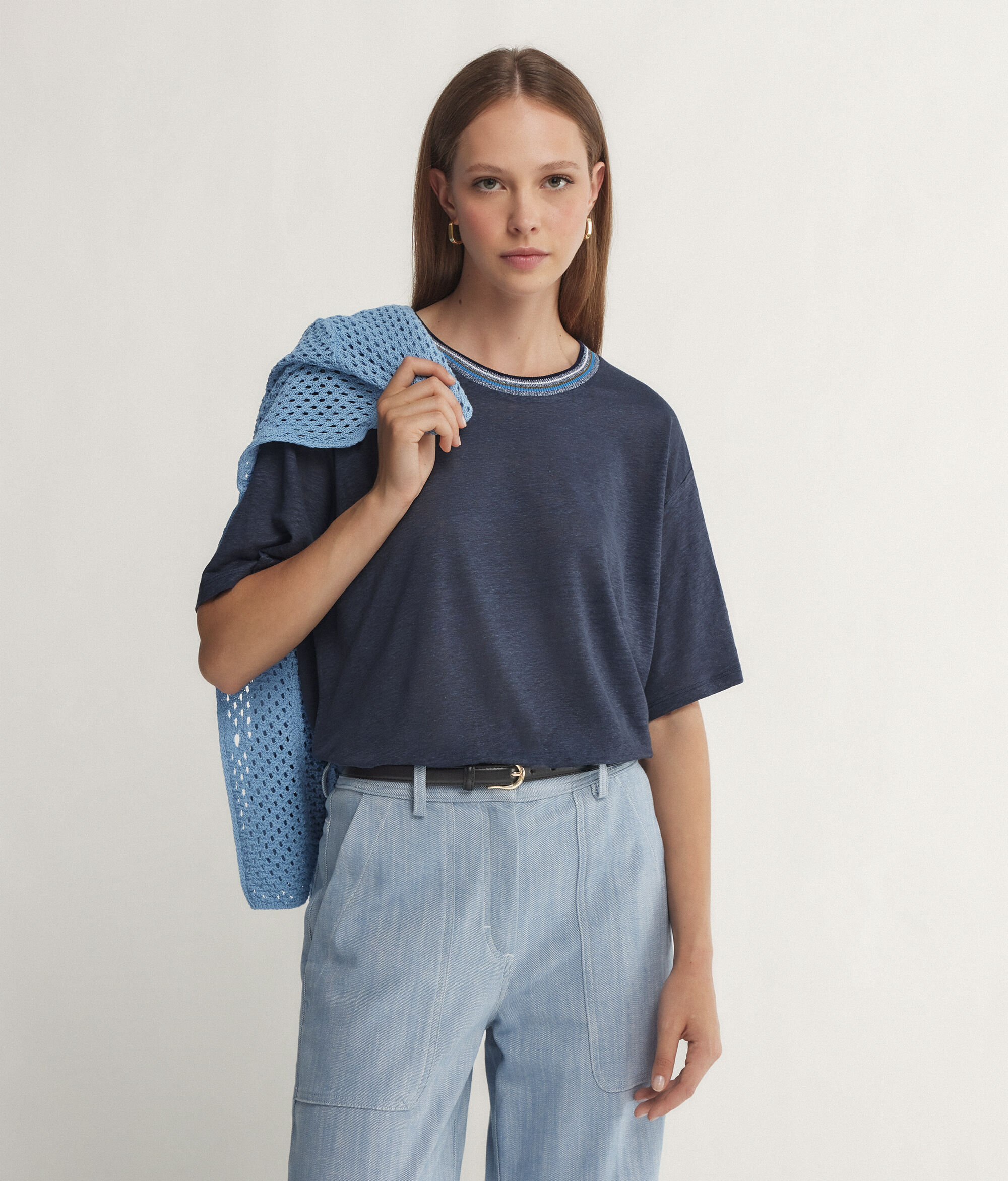 T-Shirt Girocollo Bordi Multicolor in Lino