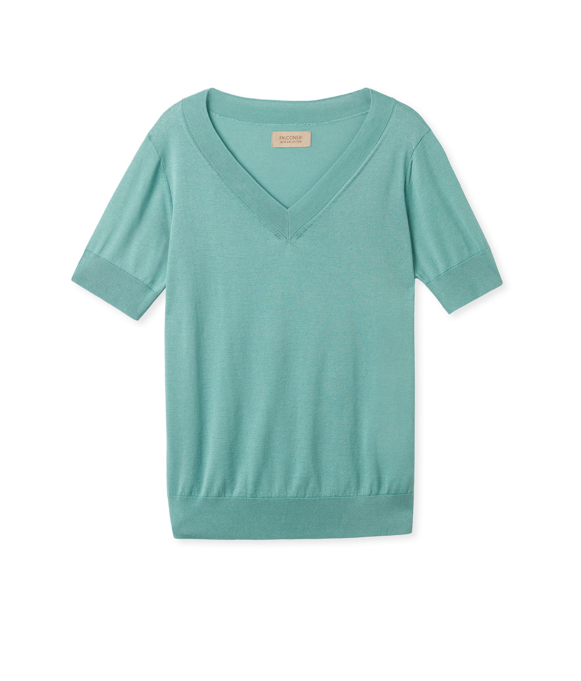 Maglia con Scollo a V a Maniche Corte in Seta Cotone
