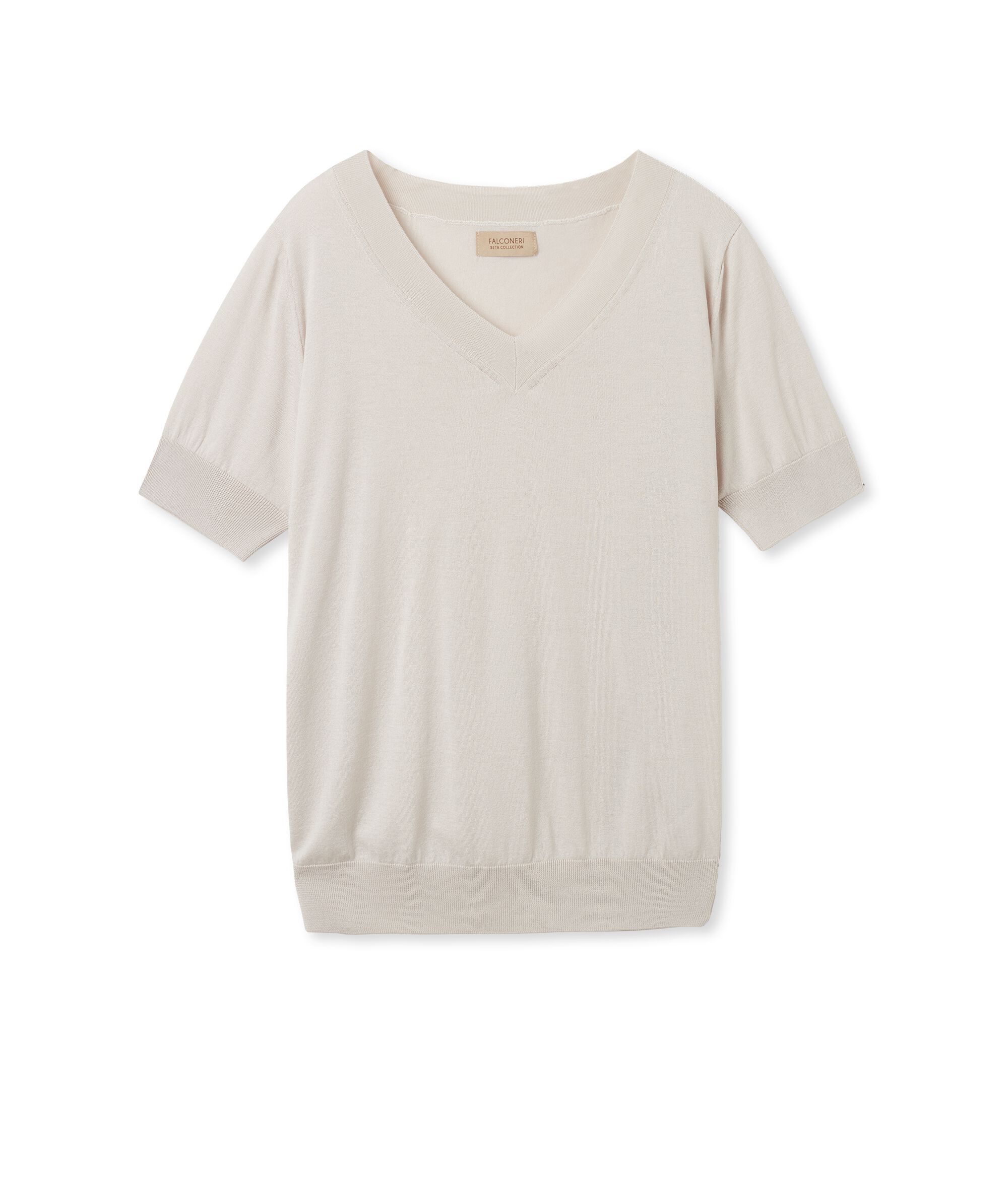 Maglia con Scollo a V a Maniche Corte in Seta Cotone