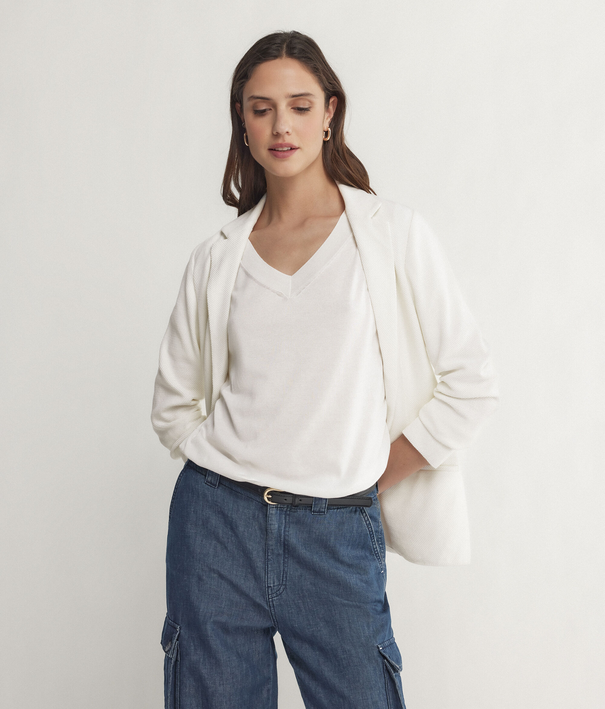 Maglia con Scollo a V a Maniche Corte in Seta Cotone
