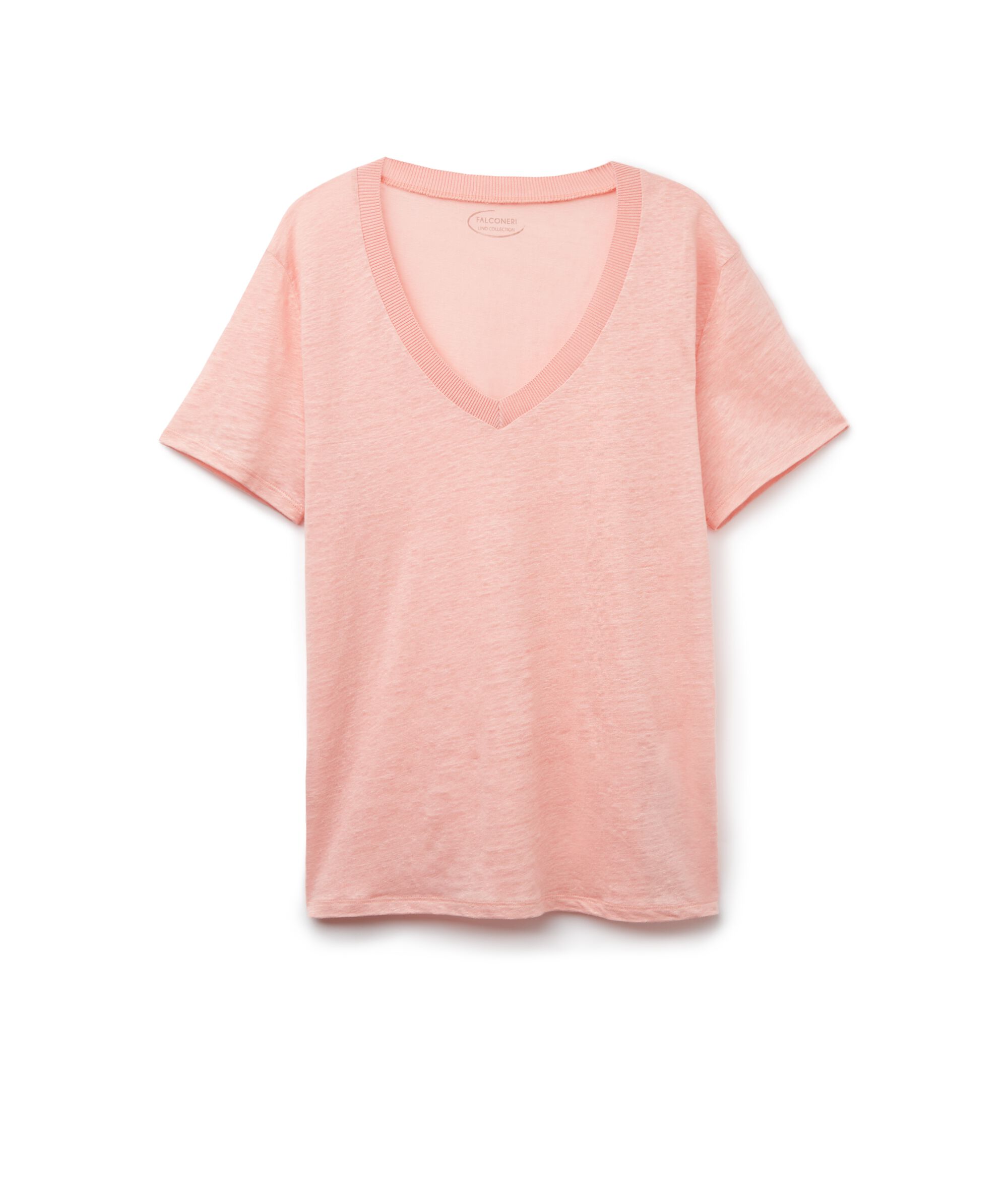 T-shirt in Lino Scollo a V con Bordo in Maglia