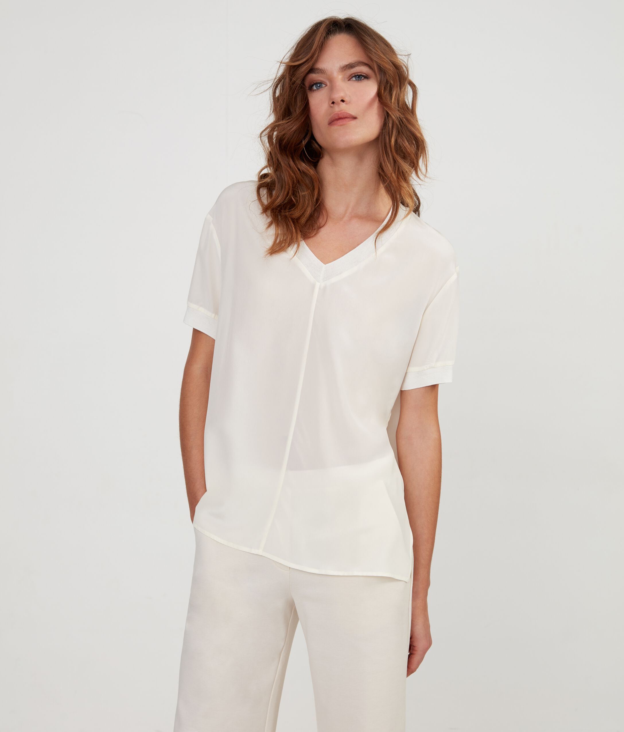 V-Neck Silk and Cotton T-Shirt