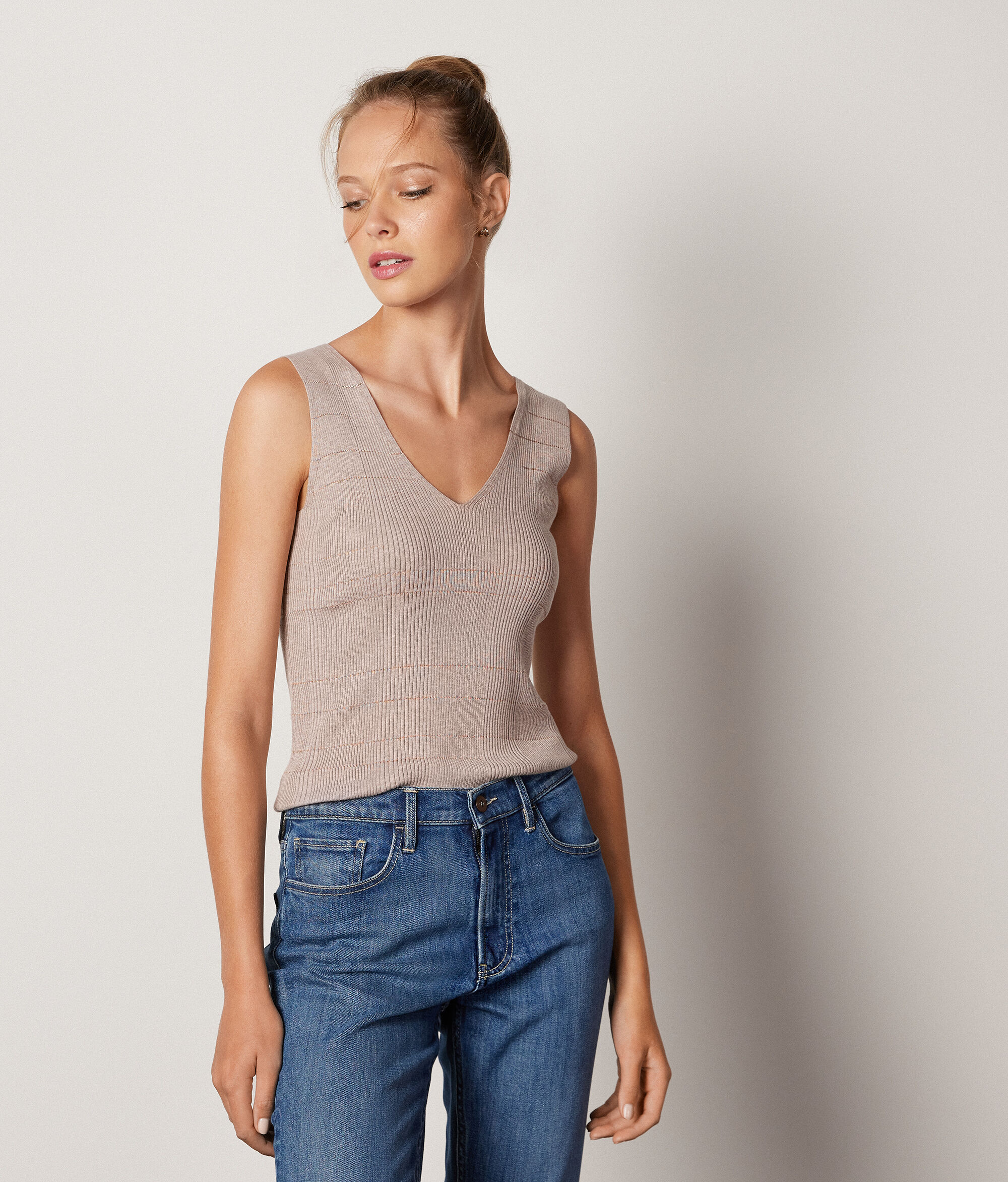 V-Neck Top in Ribbed and Striped Cotton