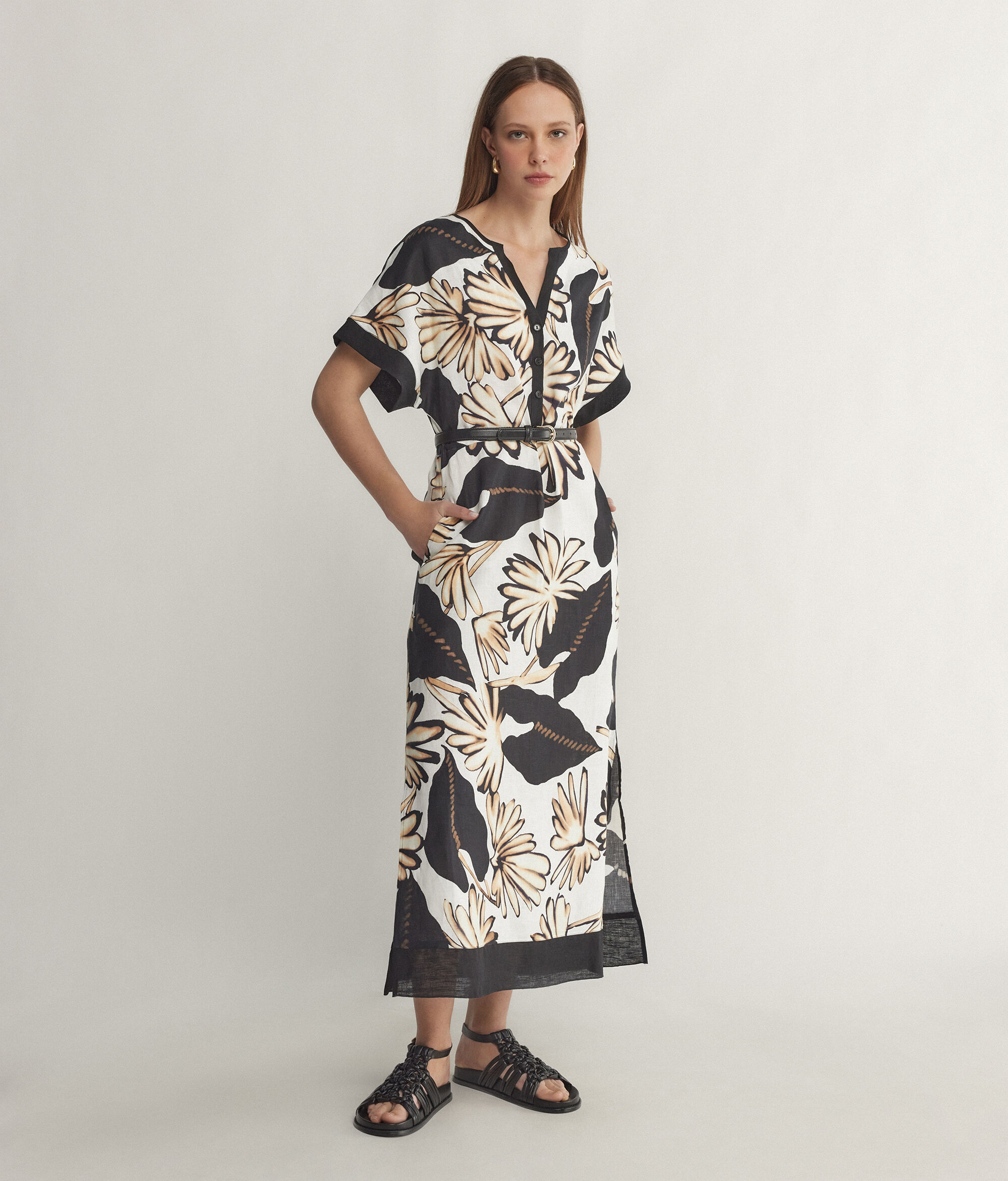 Robe à manches courtes en lin imprimé