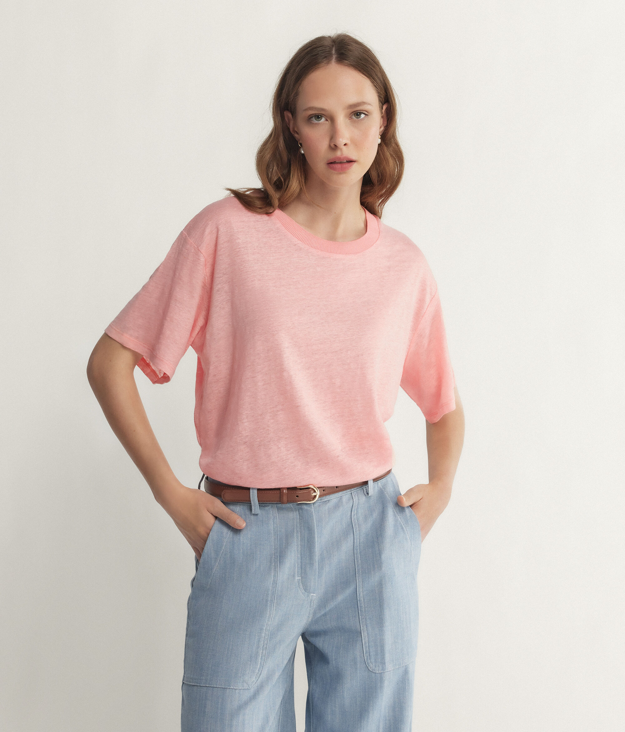 T-shirt Girocollo in Lino con Bordo in Maglia