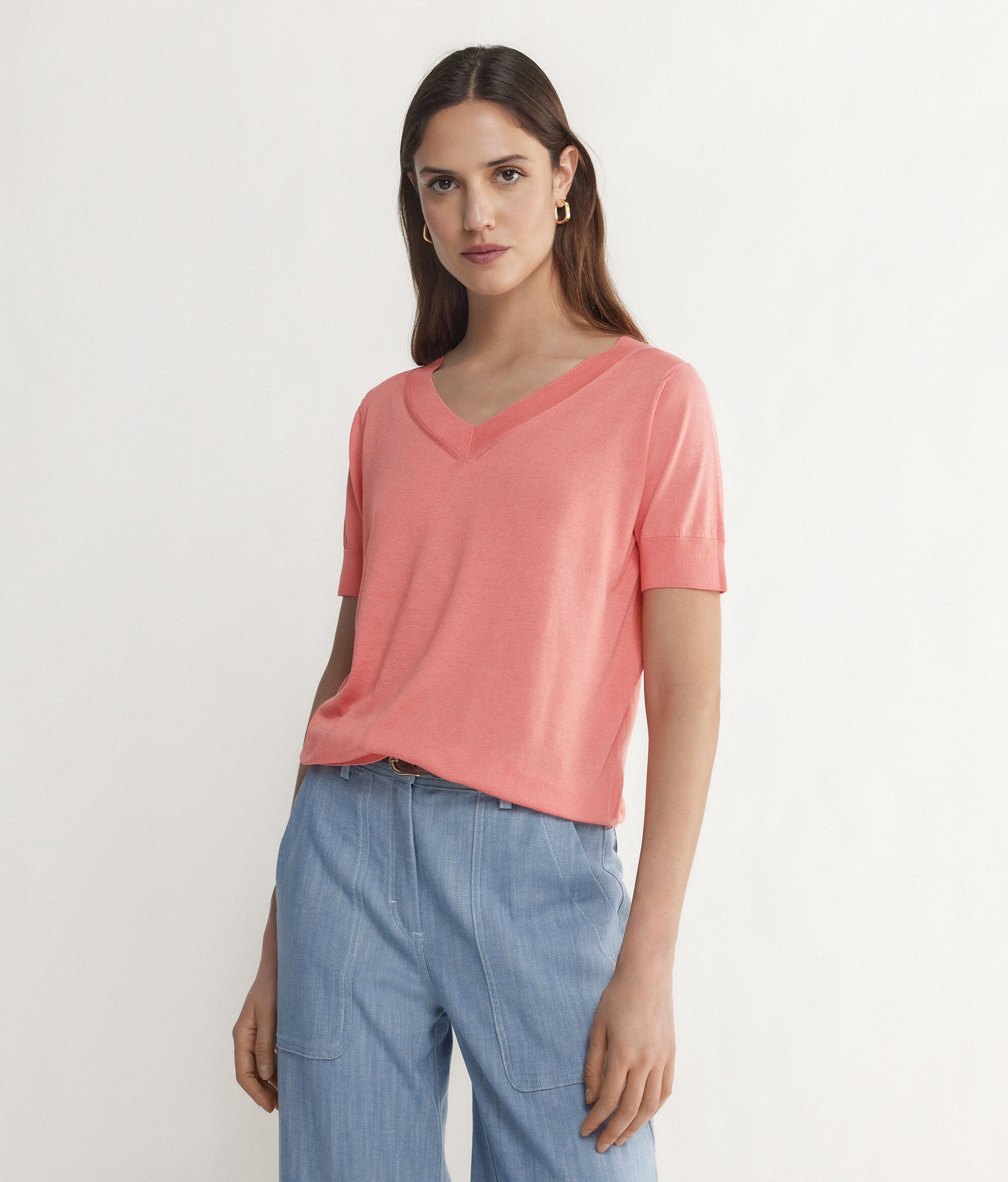 Maglia con Scollo a V a Maniche Corte in Seta Cotone