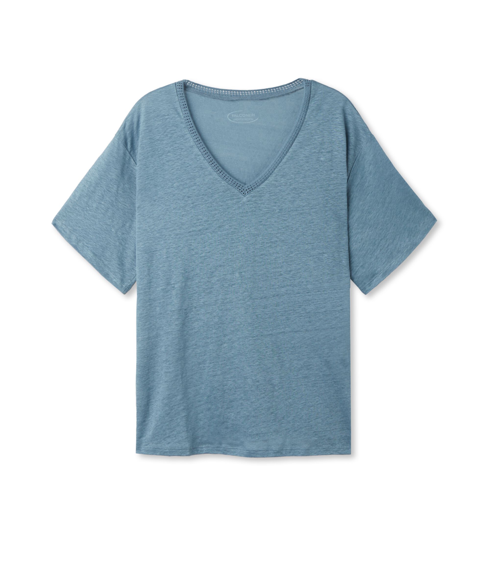 T Shirt con Scollo a V in Lino con Bordi in Retina