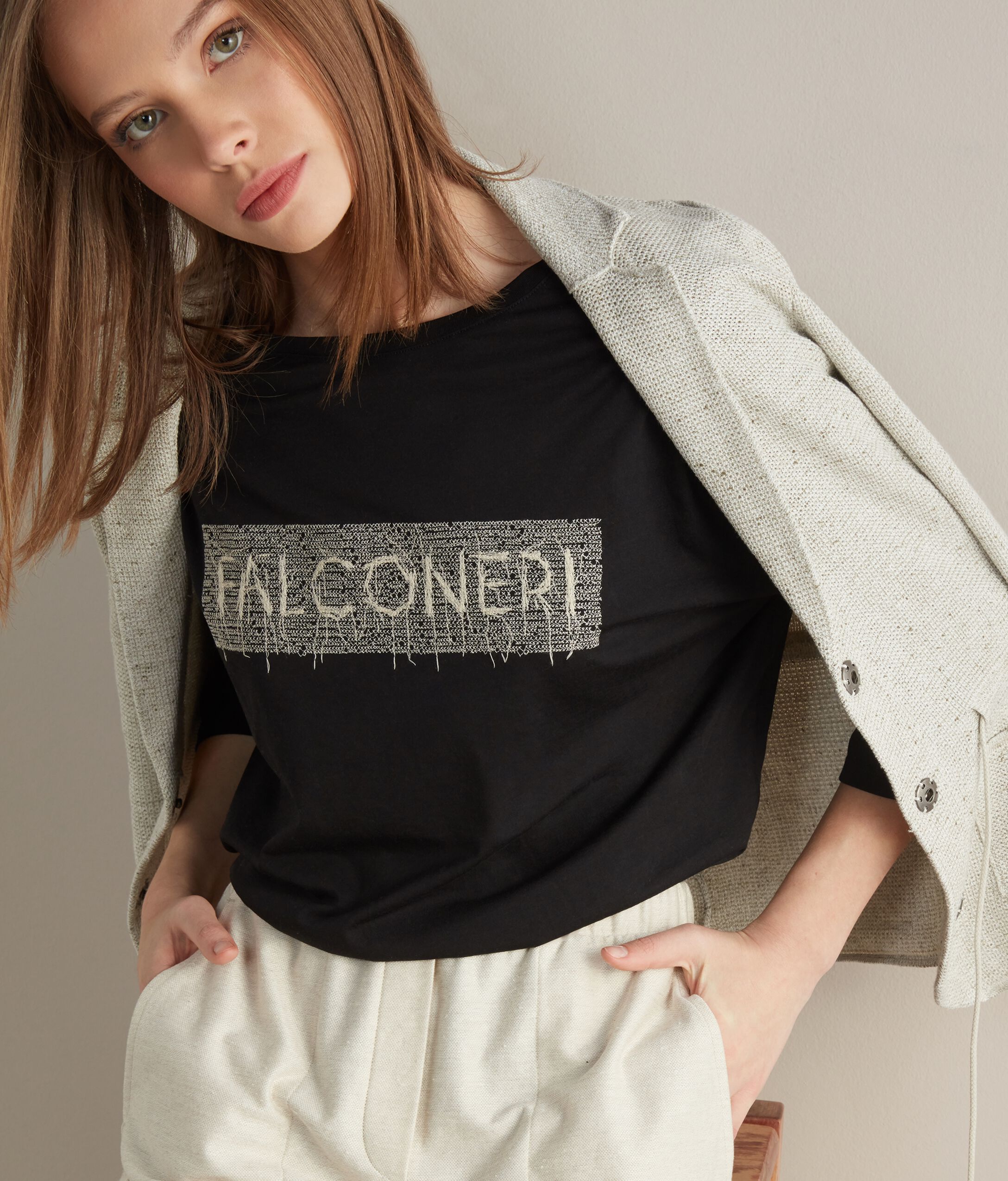T-shirt in Seta Fresh con Ricamo Falconeri