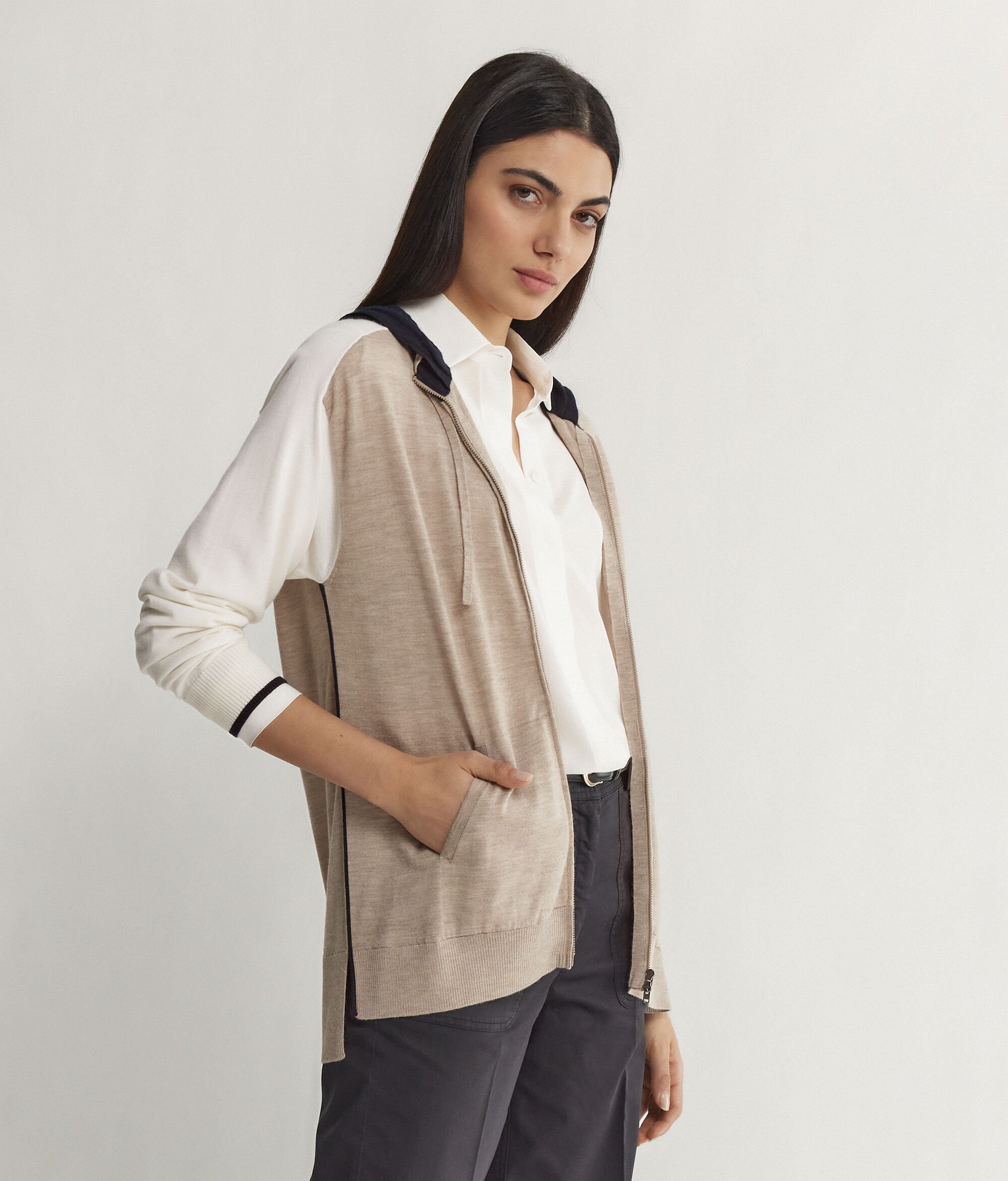 Colour Block Cashmere Zip-Up Sweatshirt