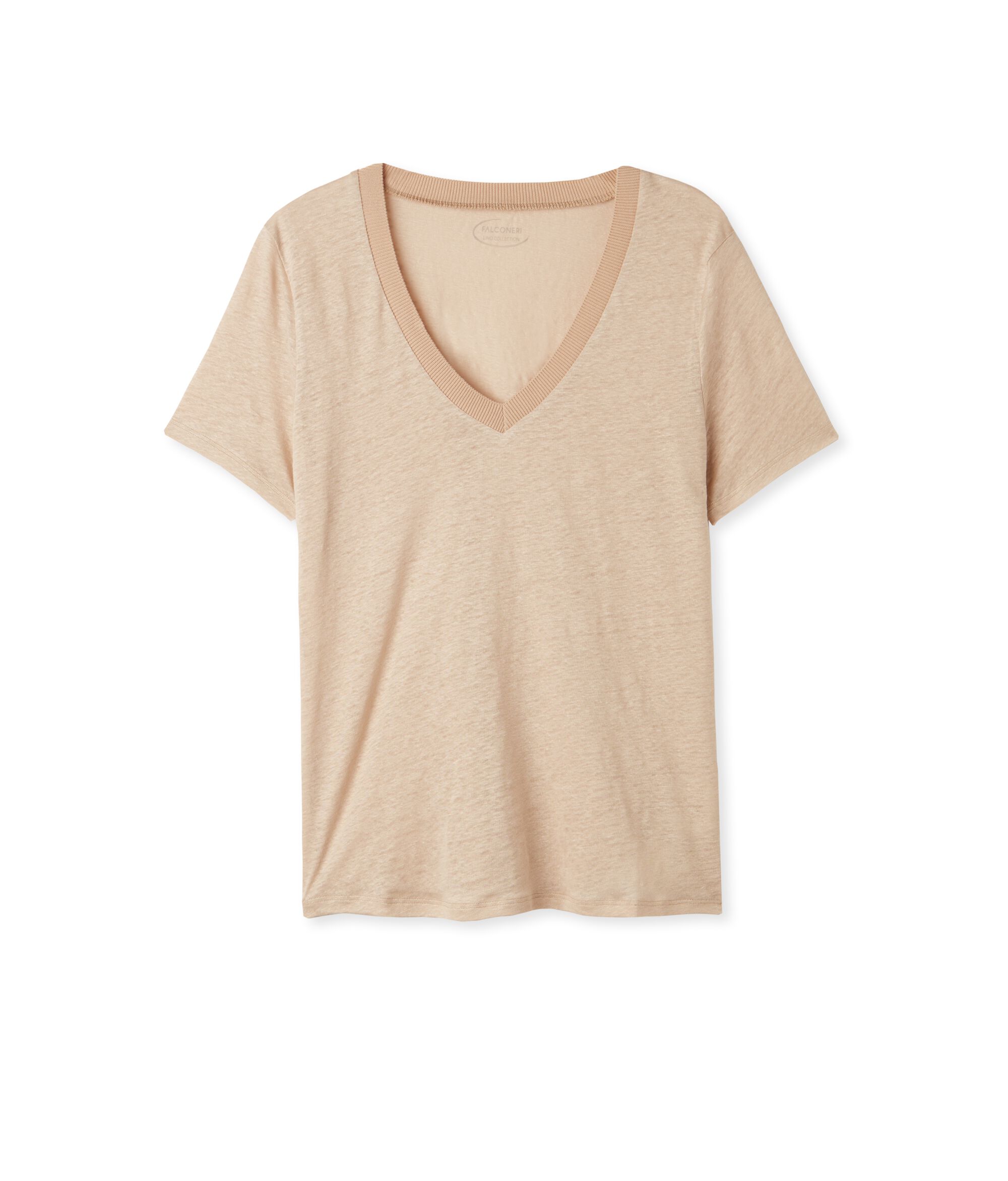 T-shirt in Lino Scollo a V con Bordo in Maglia