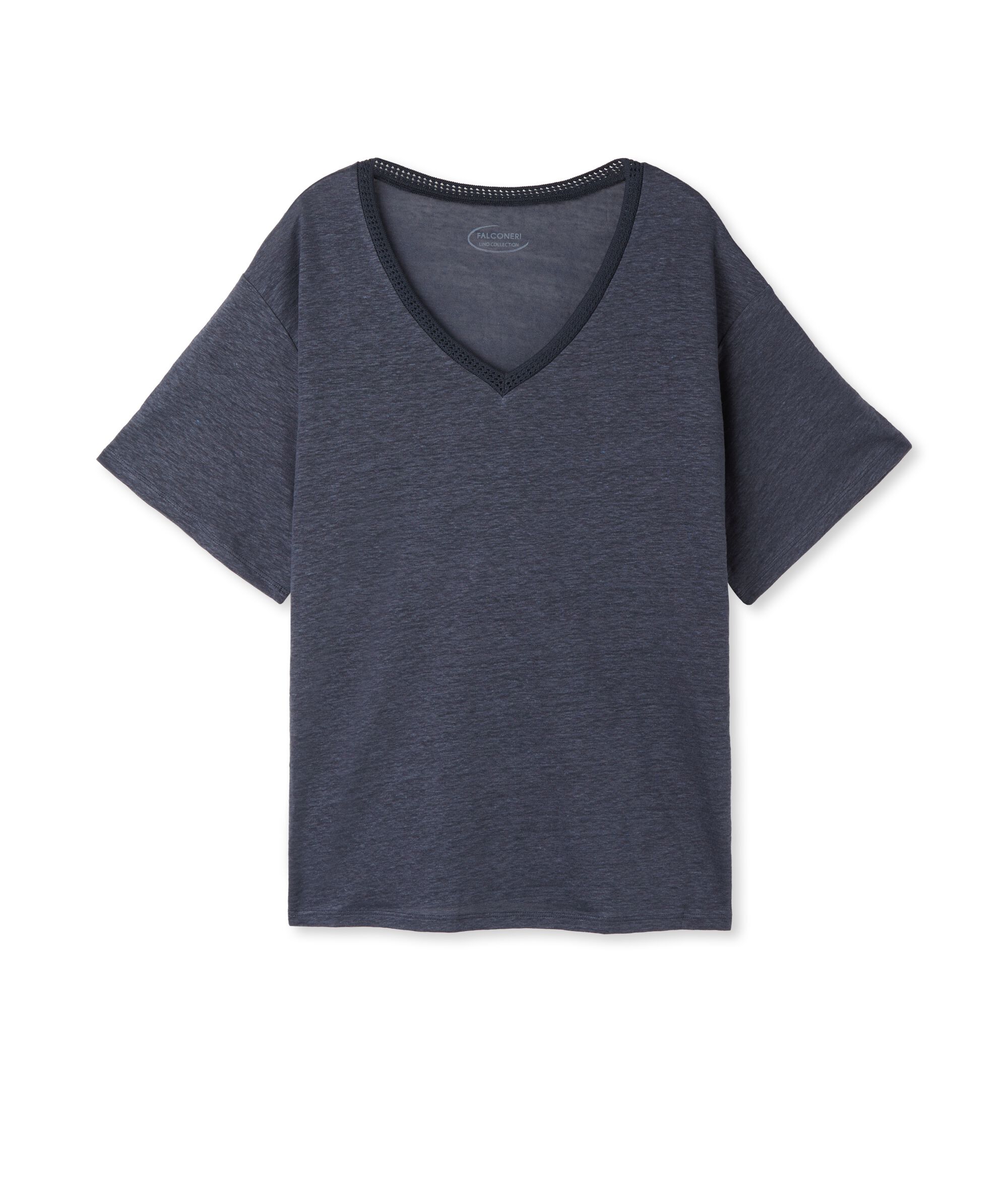 T Shirt con Scollo a V in Lino con Bordi in Retina