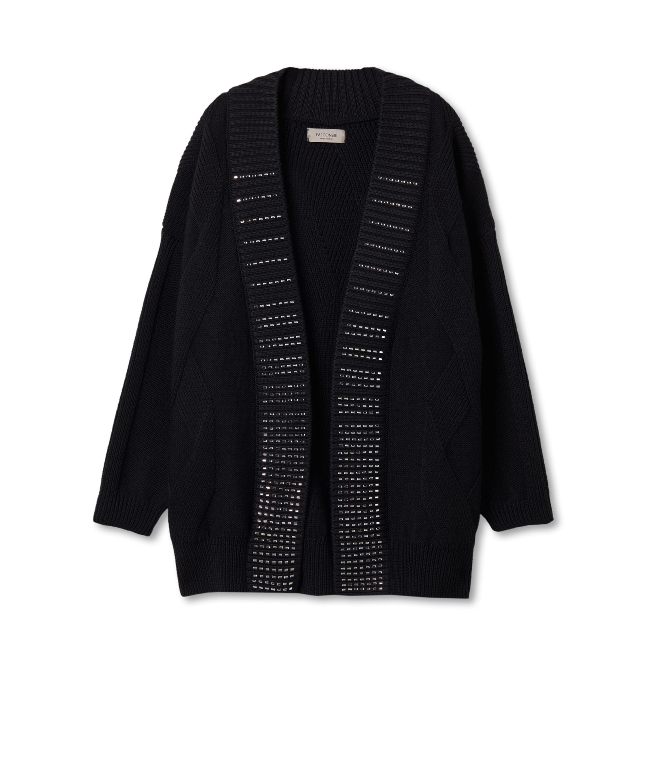 Wełniany kardigan o diamentowym splocie z kryształkami