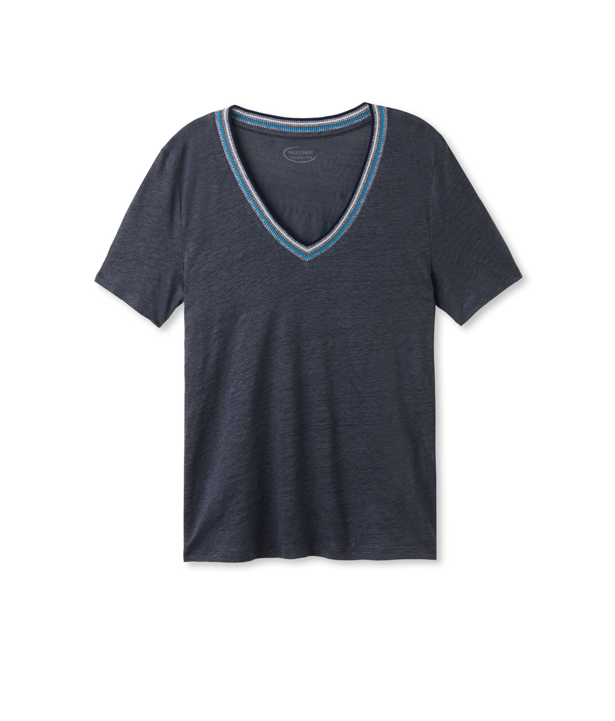 T-Shirt con Scollo a V Bordi Multicolor in Lino