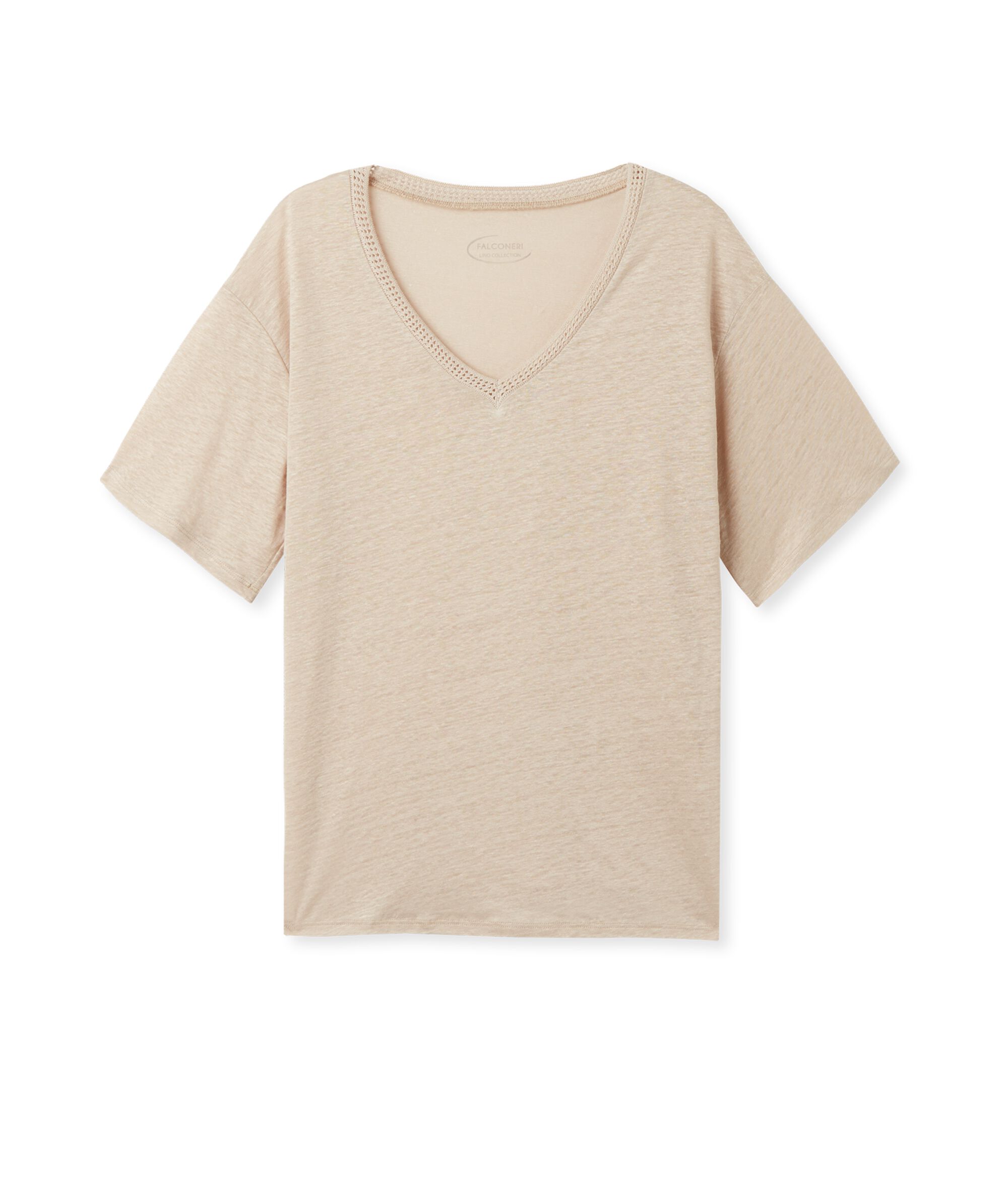 T Shirt con Scollo a V in Lino con Bordi in Retina